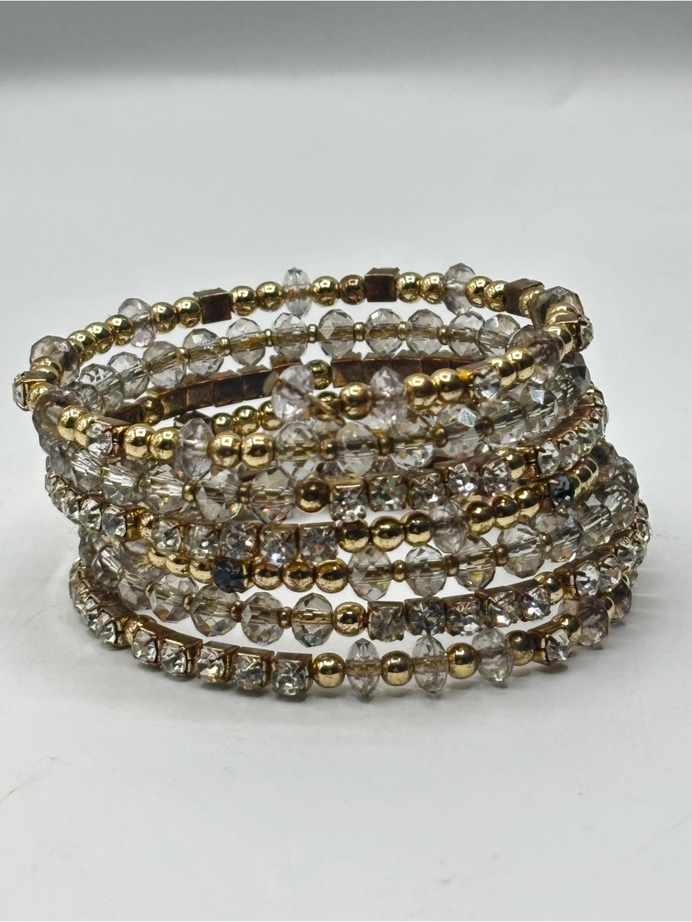 Vintage Multi Gold Tone Crystal Bead Rhinestone Memory Wire Wrap Bracelet